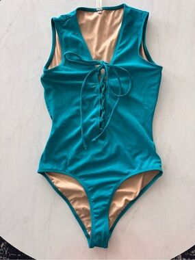 Pura Vida Teal Lace-Up Front One Piece Women's Swimsuit Solid Stretch M